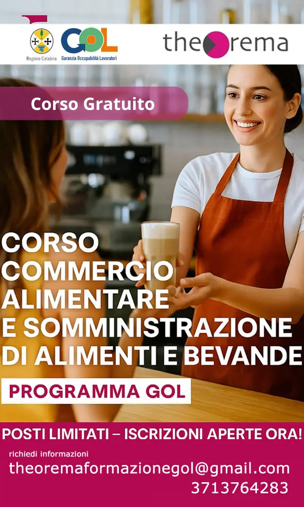 Locandina corso gratuito Commercio e Somministrazione di Alimenti e Bevande HACCP - Programma GOL Theorema