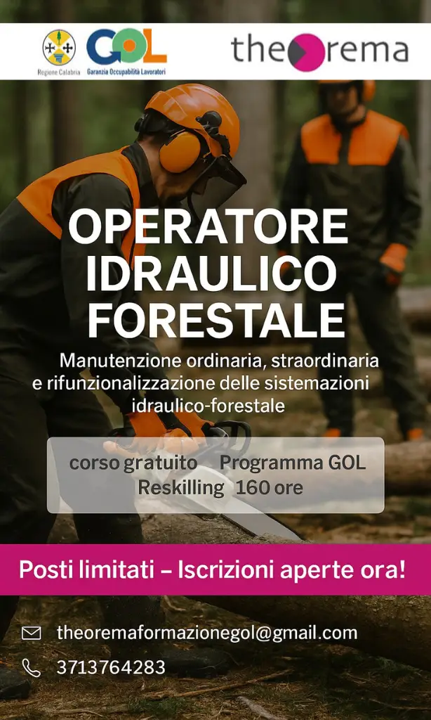 Locandina corso gratuito Operatore Idraulico Forestale - Programma GOL Theorema