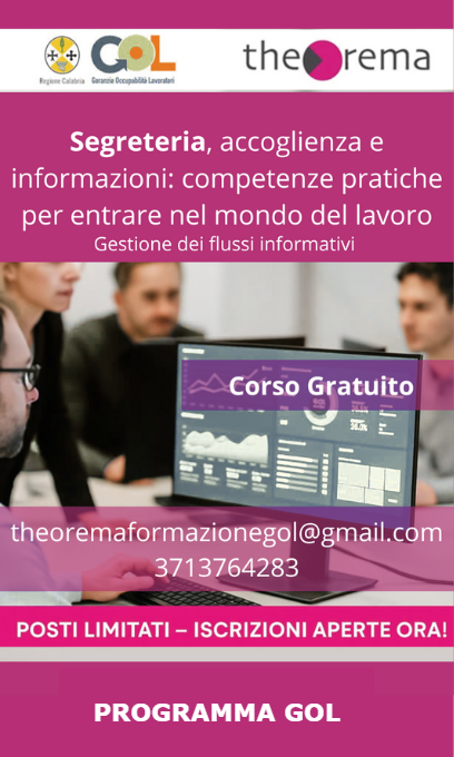 Locandina corso gratuito Segreteria, accoglienza e informazioni - Programma GOL Theorema