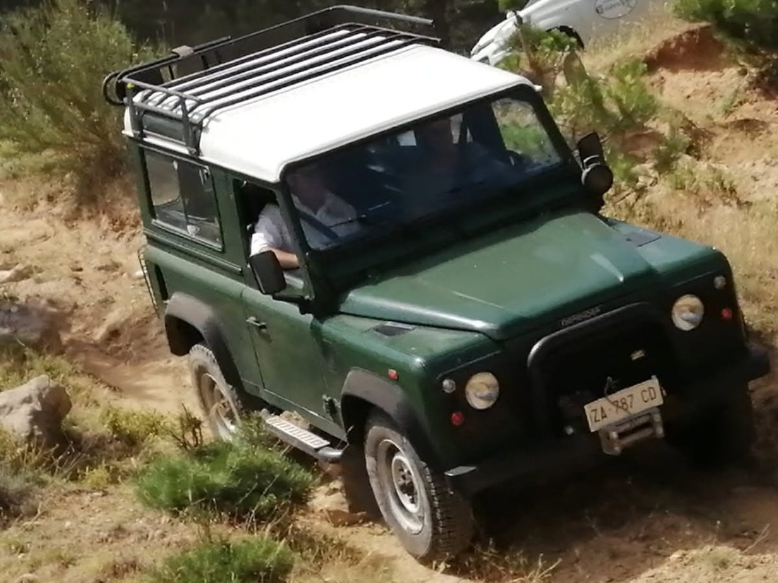 Fuoristrada dei corsi Theorema impegnato su un tracciato sterrato in pineta durante un'esercitazione in ambiente forestale
