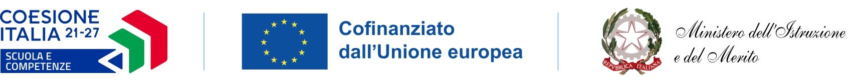 Loghi ufficiali del Programma: Coesione Italia 2021-27 Scuola e competenze; Cofinanziato dall’Unione europea; Repubblica italiana e Ministero dell’Istruzione e del Merito