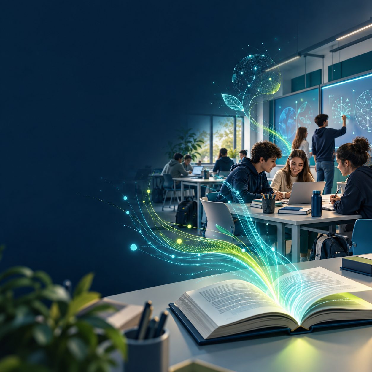 Illustrazione di un'aula con un libro aperto e schermi interattivi