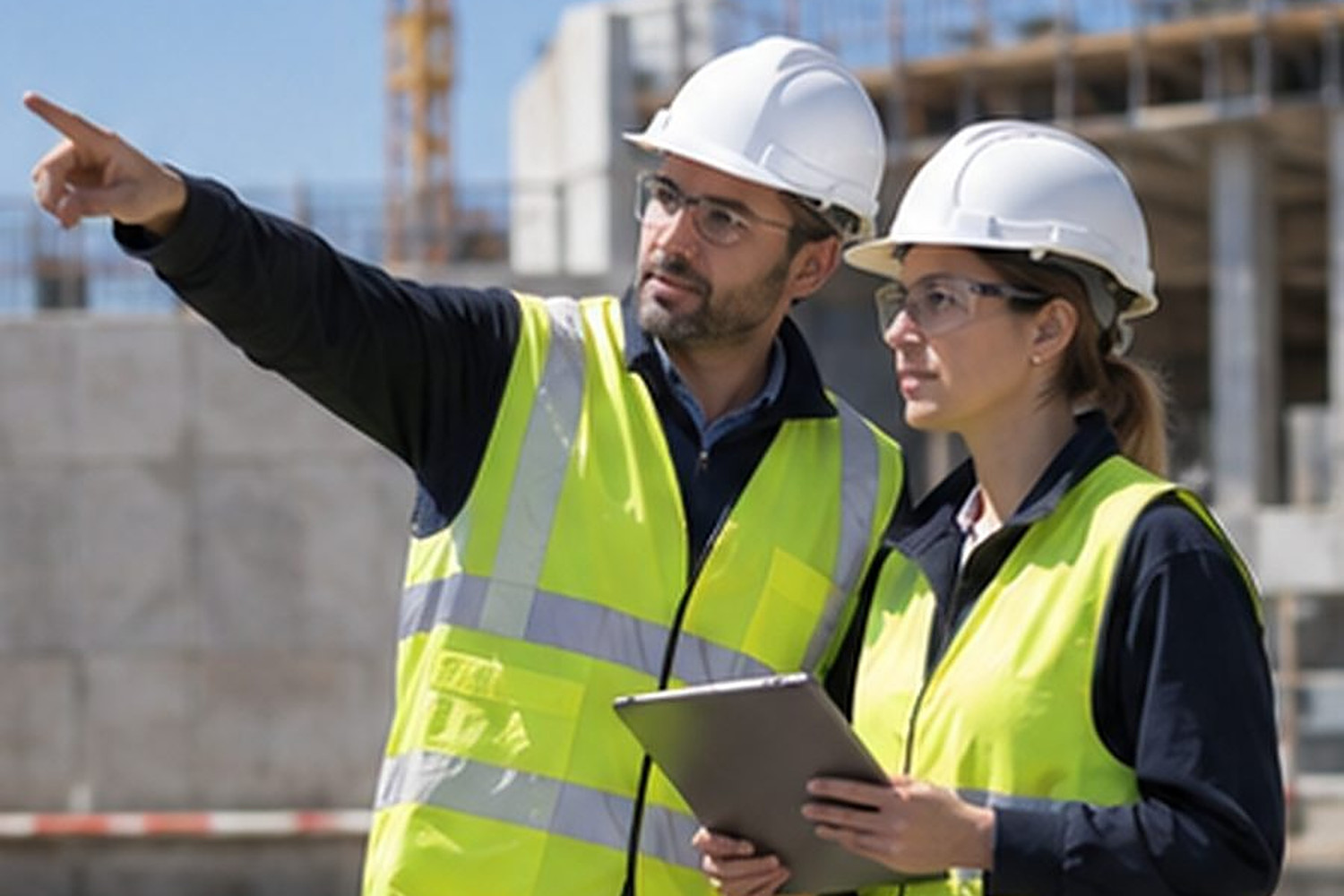 Due tecnici con casco e gilet ad alta visibilità in un cantiere